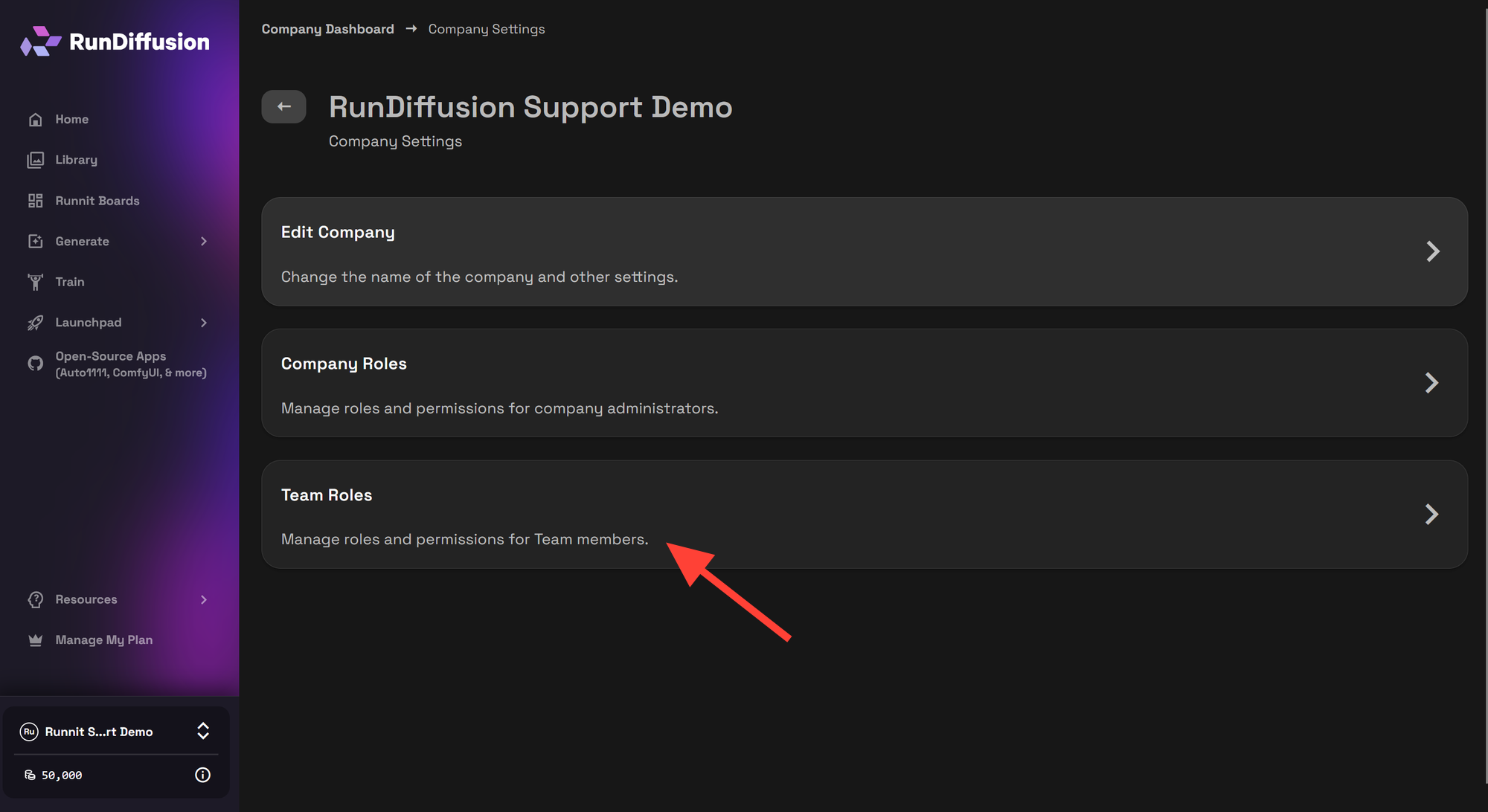 Go to Team Roles in the Company Settings area.