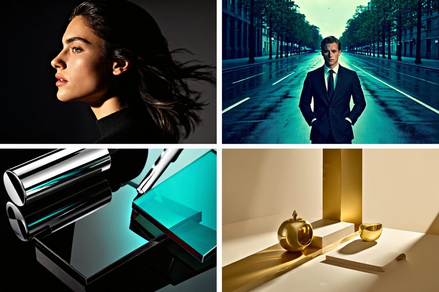 Collage illustrating lighting, composition, material, and color language for Juggernaut Z prompts