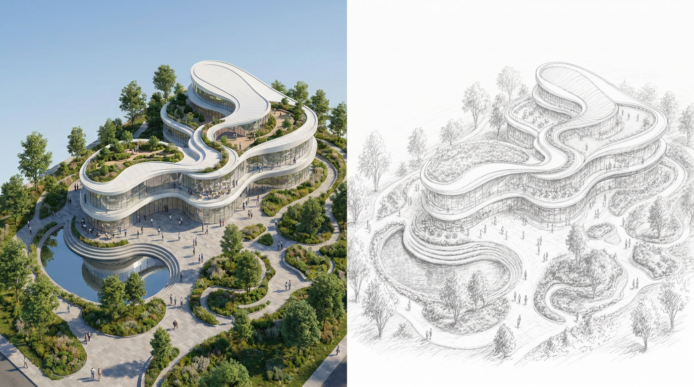 Before-and-after banner showing rough sketches transformed into polished AI renders for architecture, fashion, and product design.
