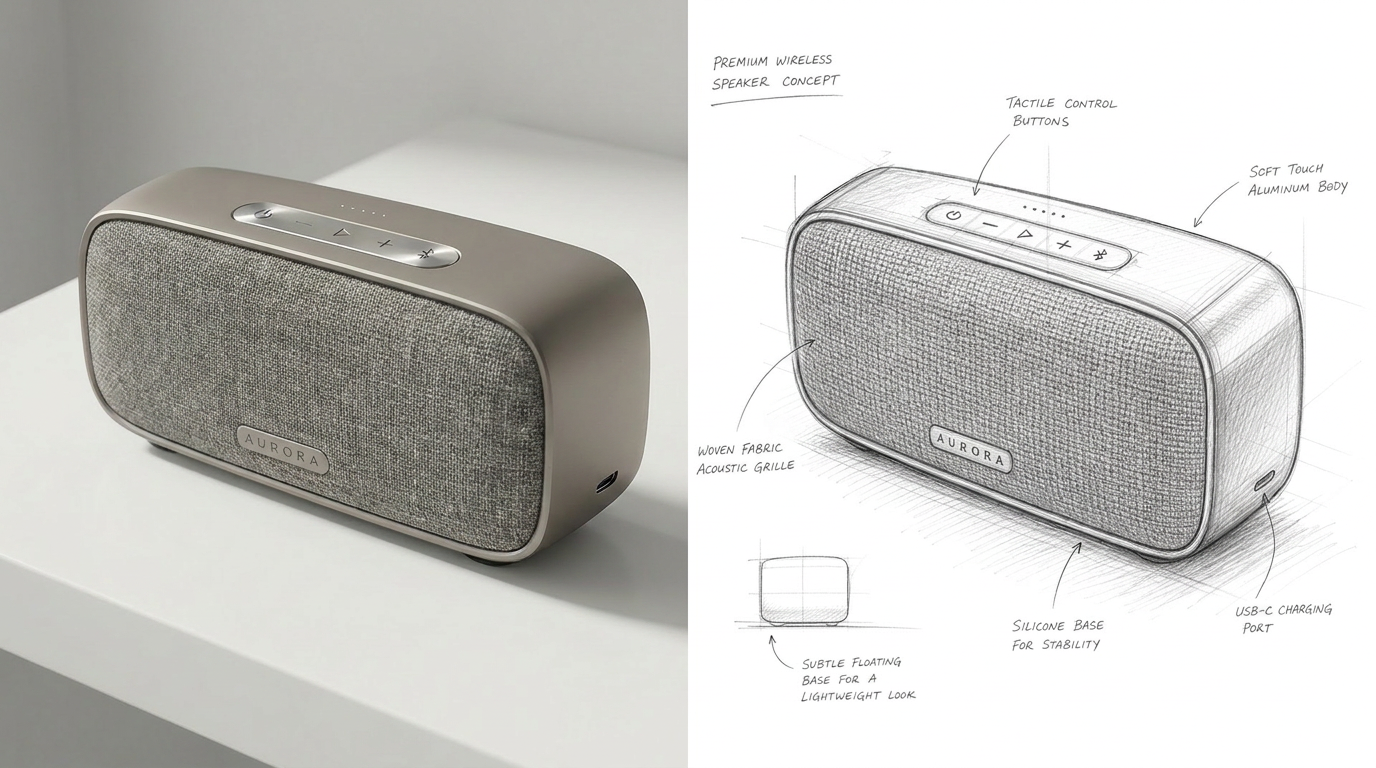 Before-and-after example showing a product sketch transformed into a polished product render.