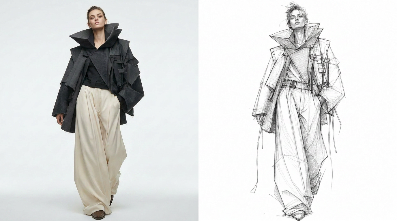 Before-and-after example showing a fashion sketch transformed into a polished editorial fashion render.