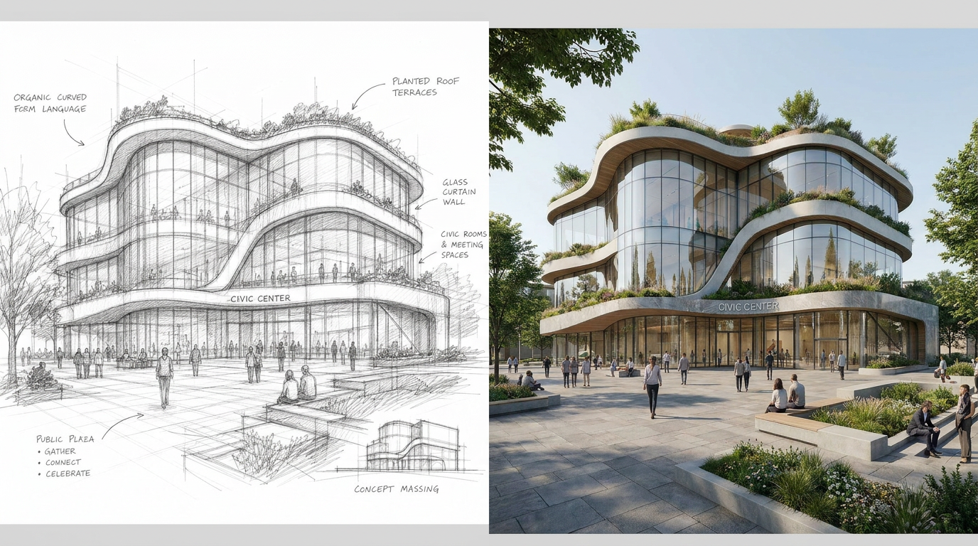 Before-and-after example showing an architectural sketch transformed into a polished exterior render.