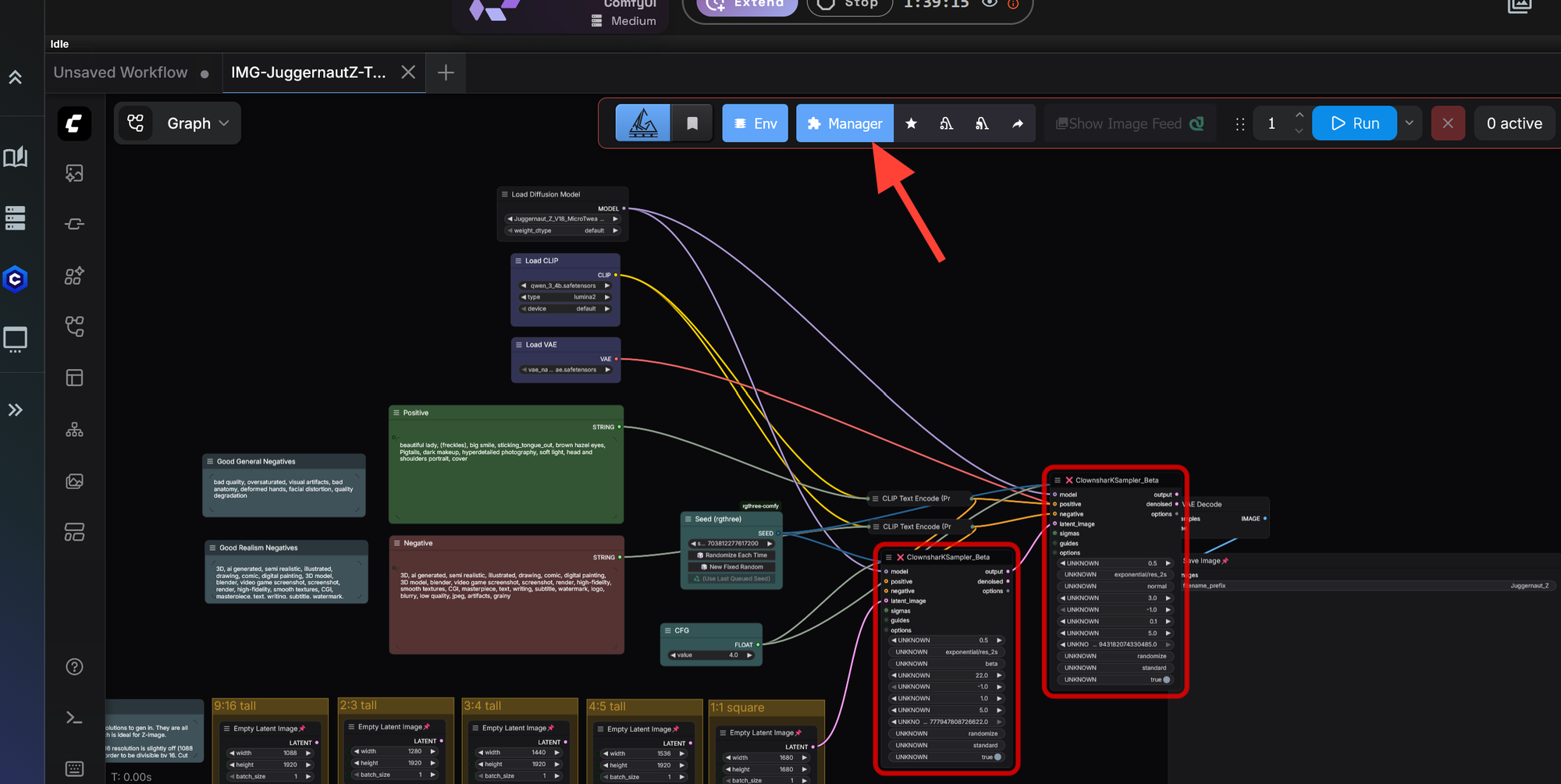 ComfyUI interface showing the Manager button for missing nodes.