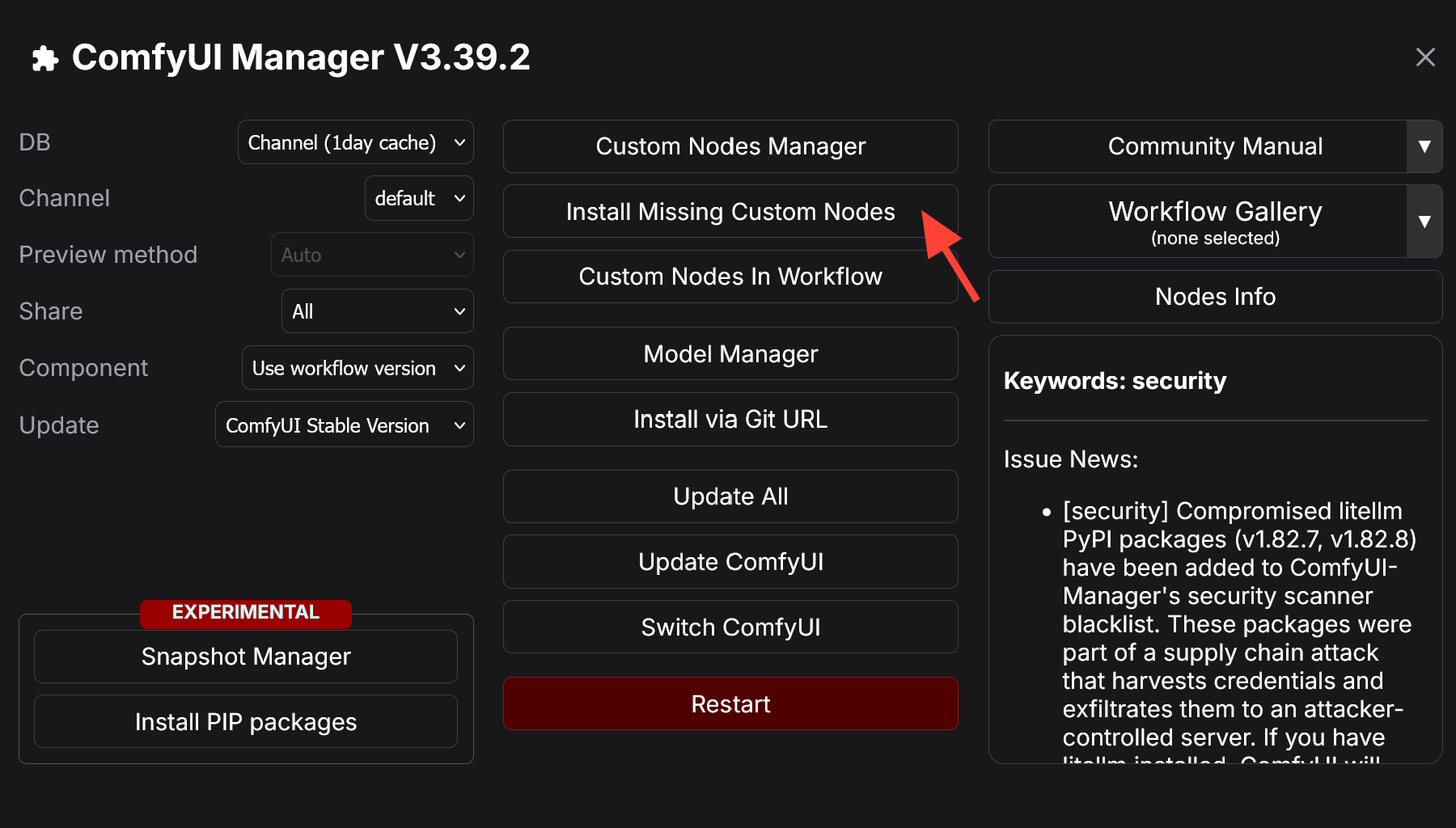 ComfyUI Manager window with Install Missing Custom Nodes option.