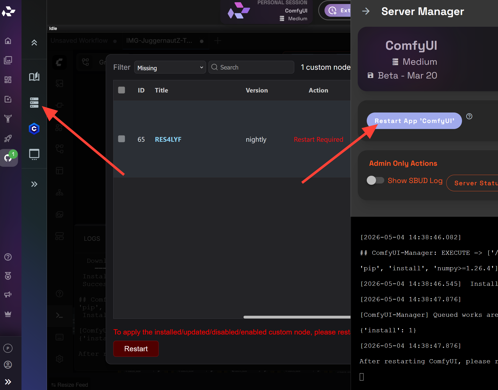 Server manager sidebar with Restart App ComfyUI option.