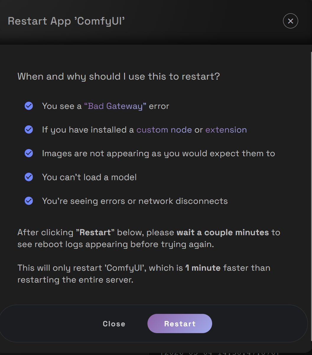 Restart confirmation dialog for the ComfyUI app.