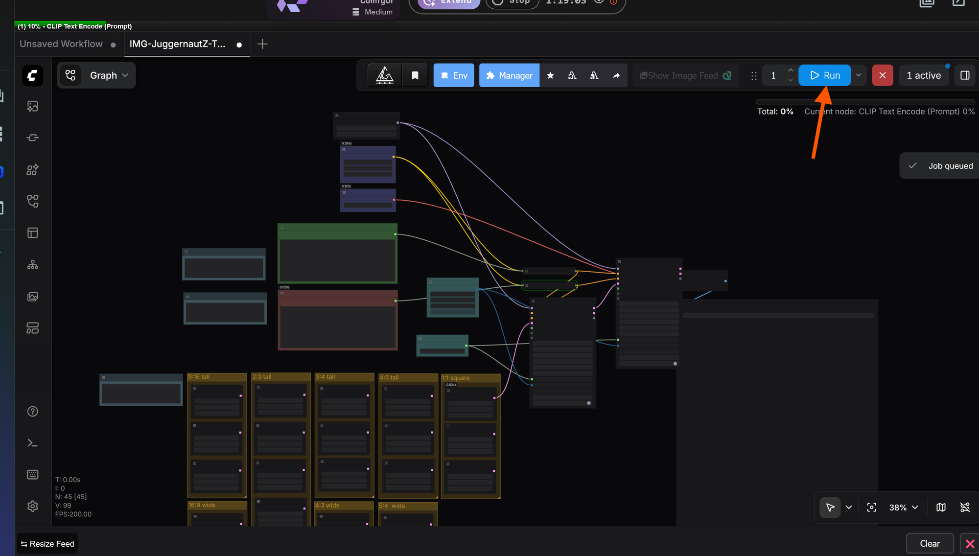 Run button and workflow execution area in ComfyUI.