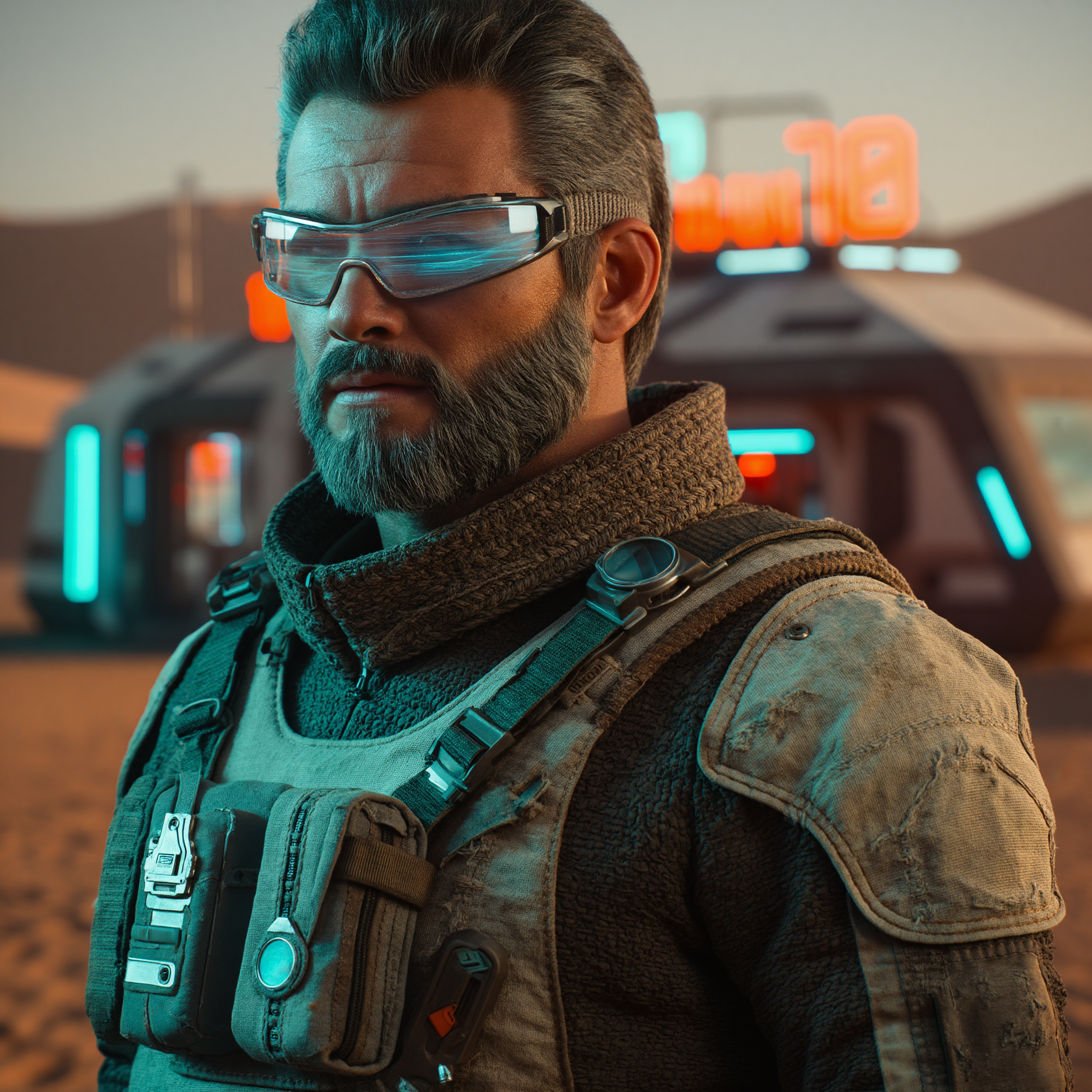 Example Juggernaut Z output showing a futuristic explorer in a neon-lit desert outpost.