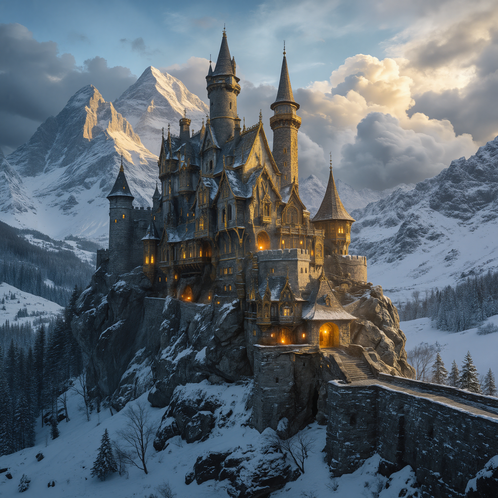 Example Juggernaut Z output showing a fantasy castle built into a snowy mountain cliff.