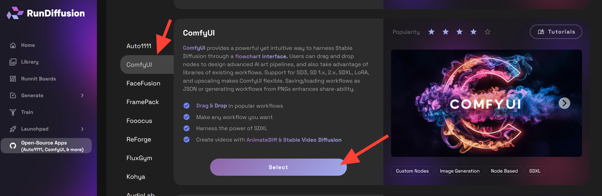ComfyUI selected in Opensource Applications with the Select button.