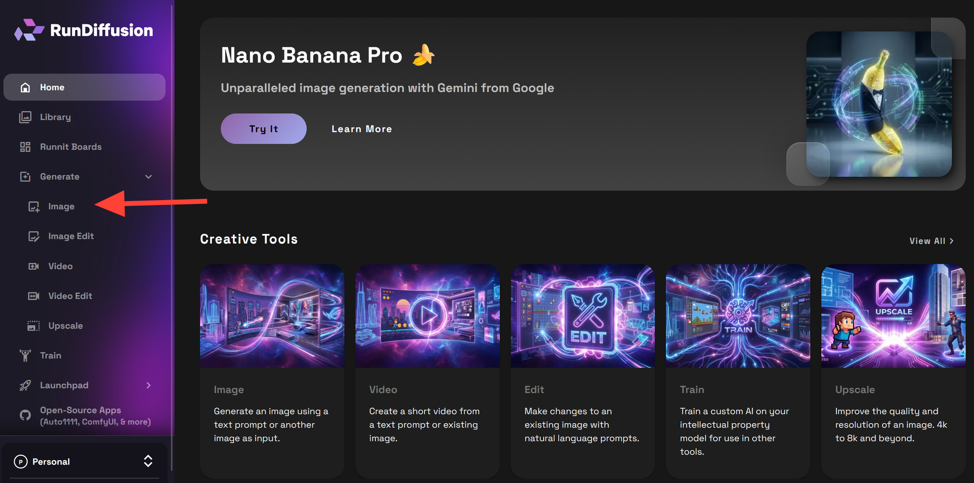 Screenshot of the Generate workflow with the Image option selected in RunDiffusion.