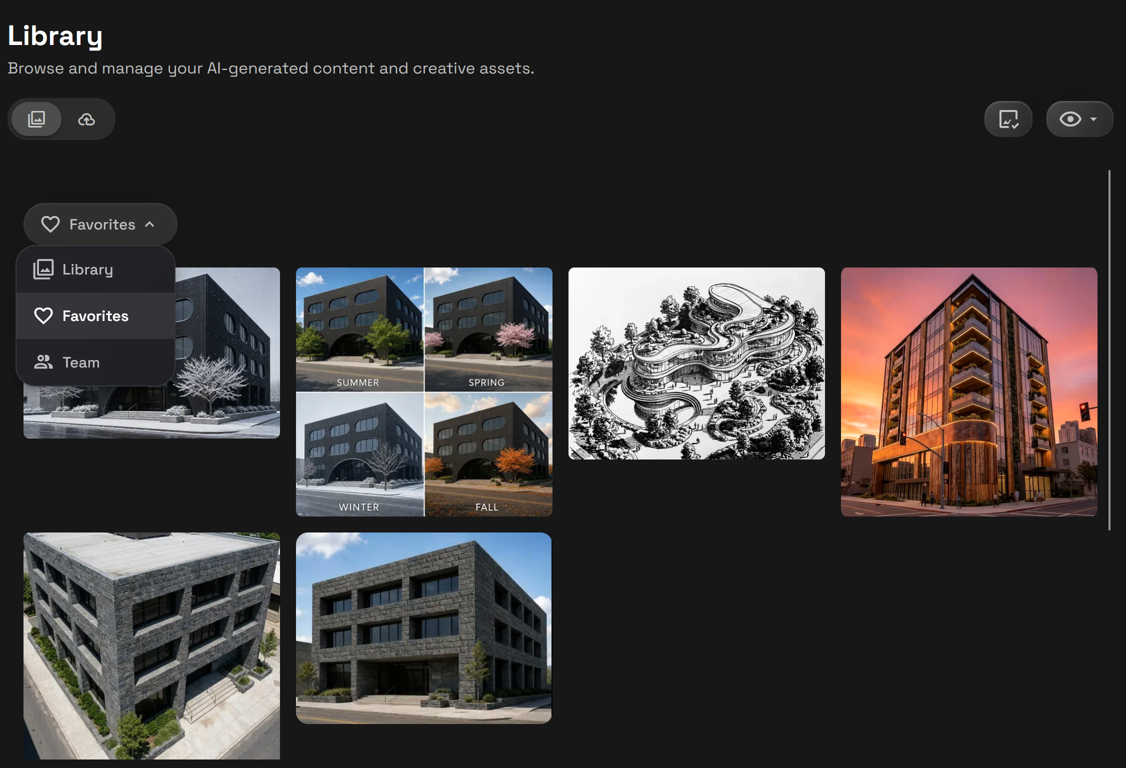 RunDiffusion Library page with the filter dropdown open on Favorites, shown above a grid of saved image generations