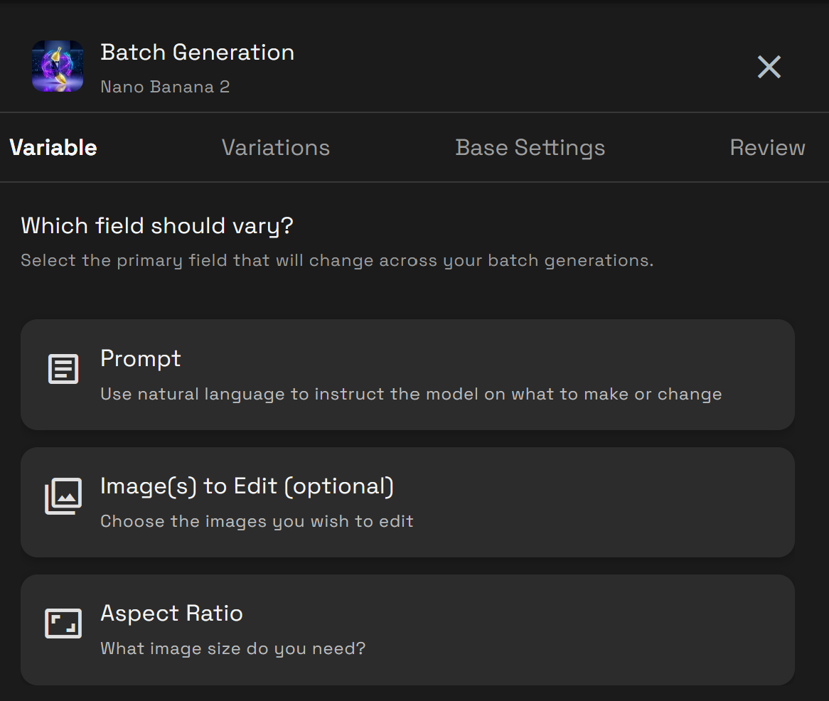 RunDiffusion Batch Generation dialog asking which field should vary, with Prompt, Image(s) to Edit, and Aspect Ratio options