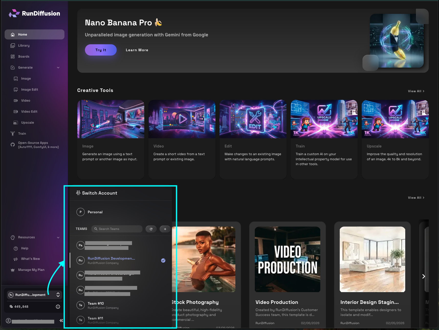 RunDiffusion account switcher with a Team selected from the Teams list.