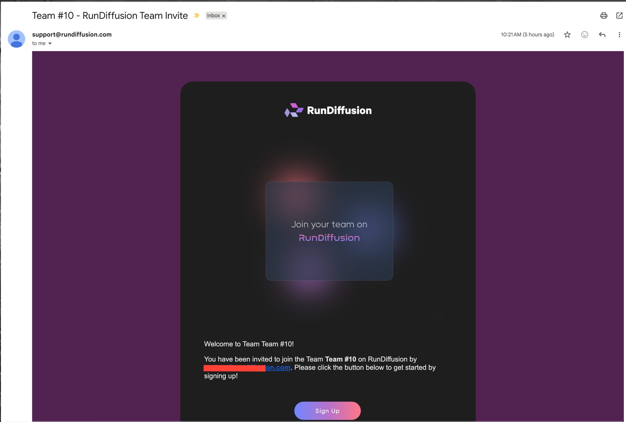 RunDiffusion Team invitation email with a Sign Up button for a new user.