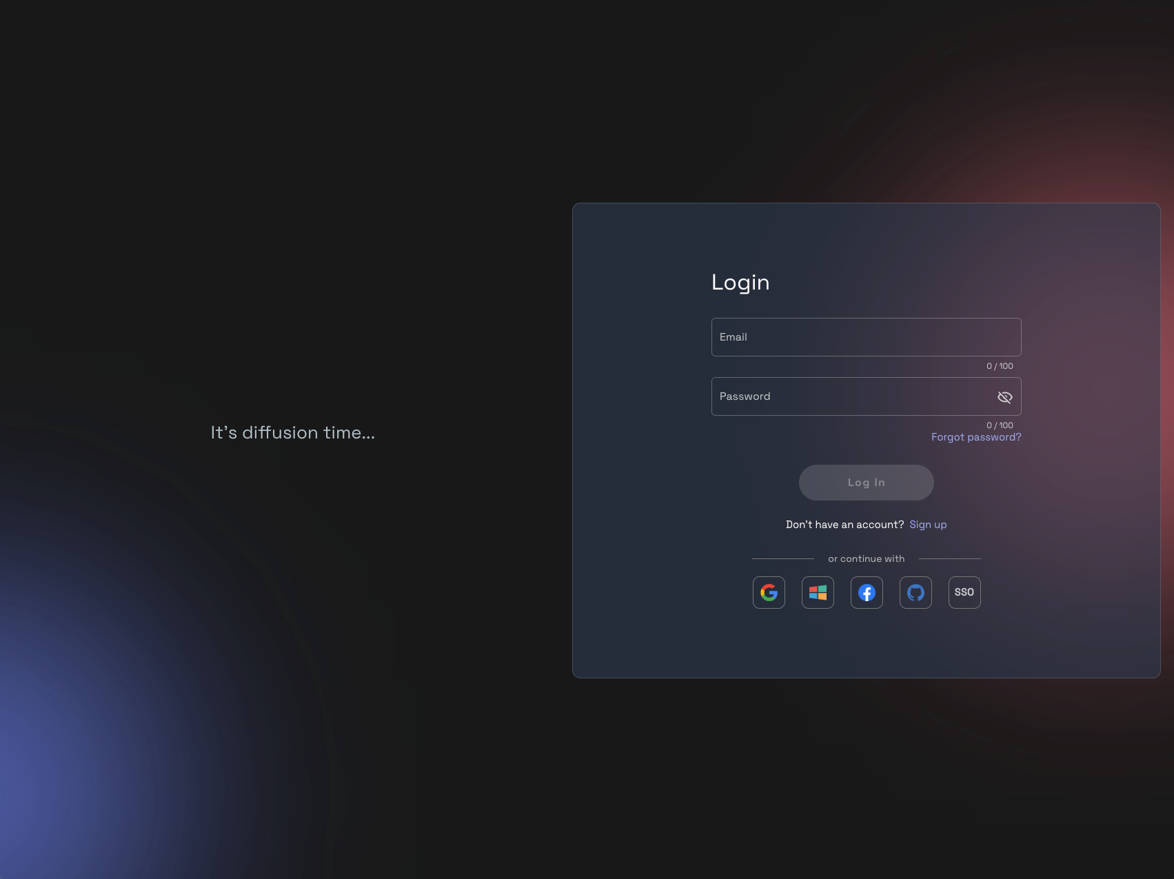RunDiffusion sign-in page with email and password fields plus single sign-on options.