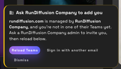 RunDiffusion dialog asking the user's company to add them to a Team.