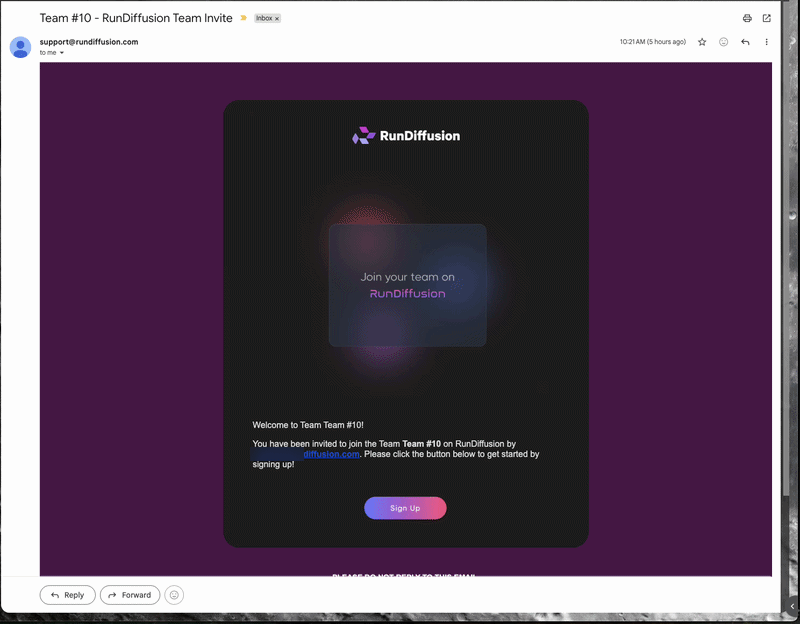 RunDiffusion Team invitation screen showing Single Sign-On instructions.