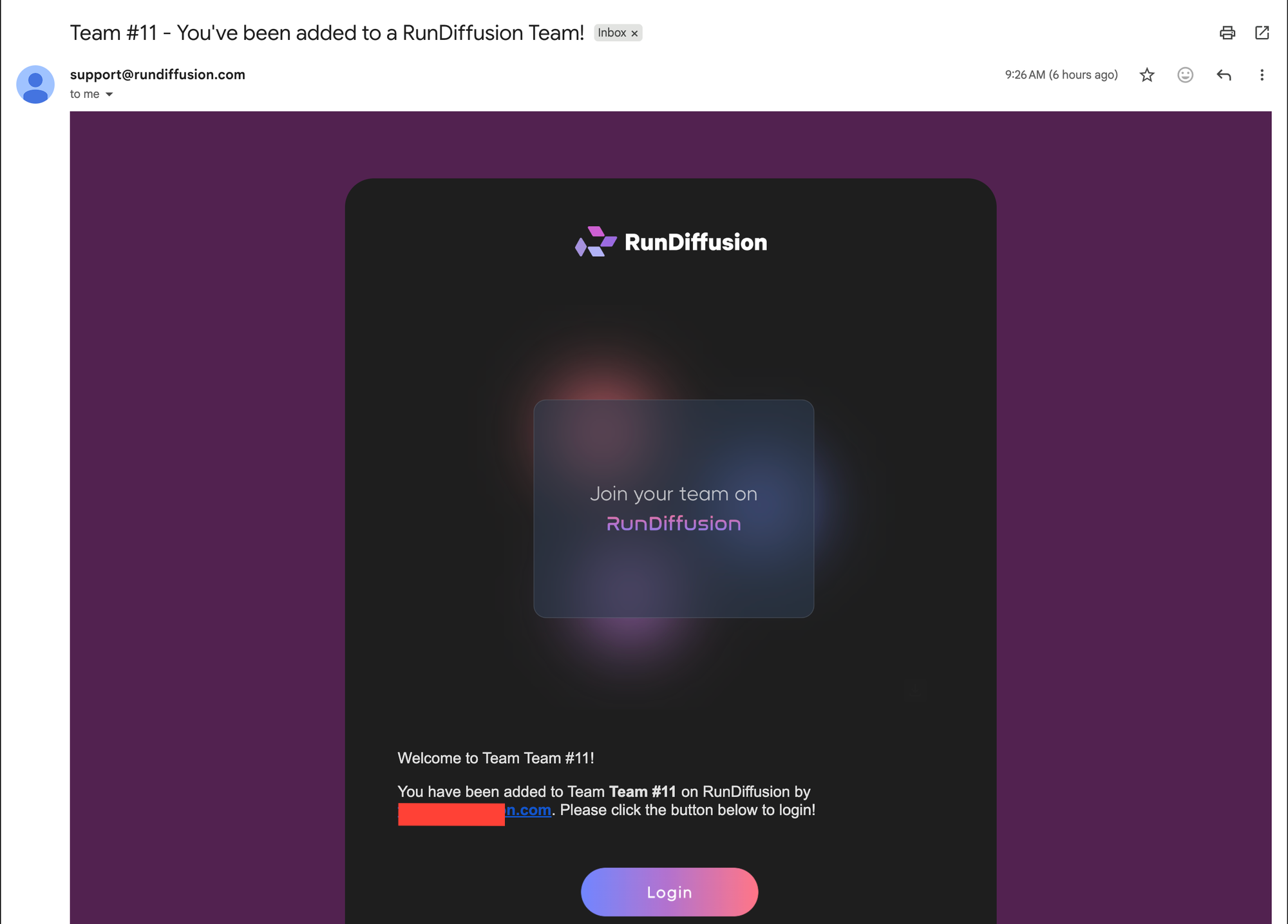 RunDiffusion Team invitation email with a Login button for an existing user.