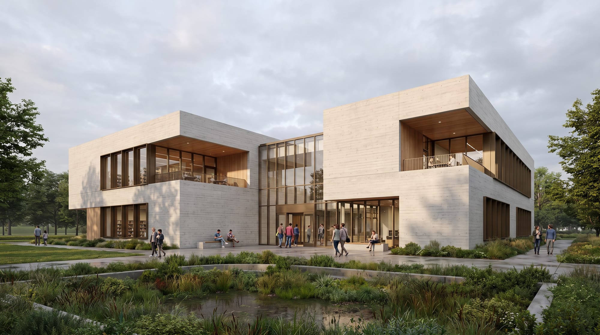 Contemporary civic library beside a public park, generated with Nano Banana Pro on RunDiffusion.