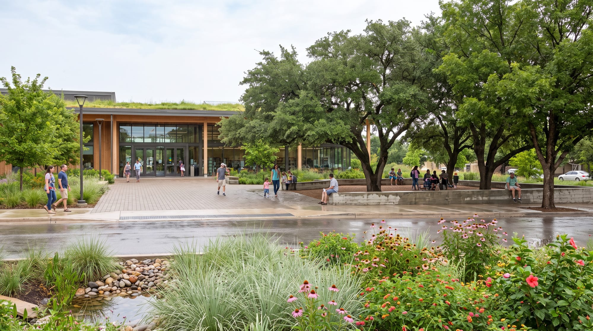 Climate-resilient civic plaza with a rain garden and shaded pedestrian routes.