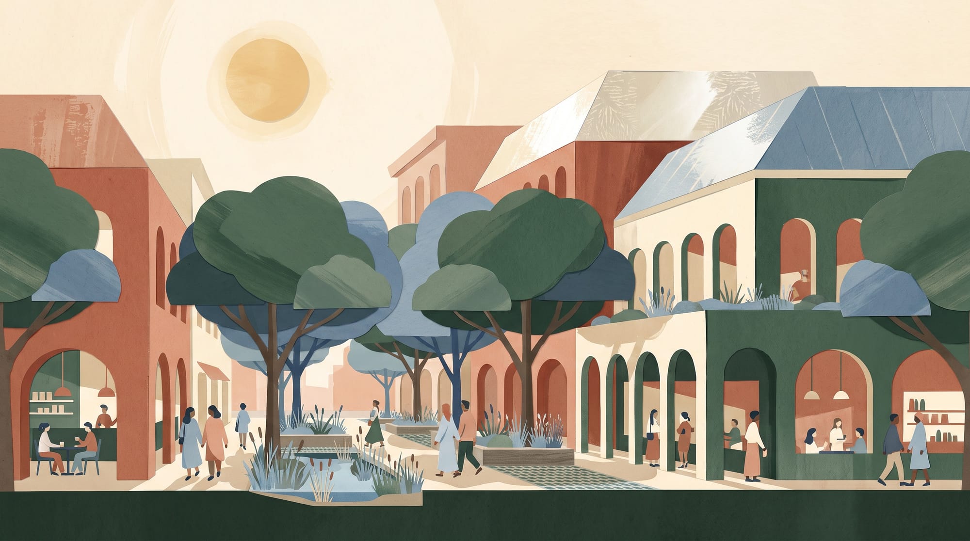Editorial illustration of an urban street adapted for extreme heat.
