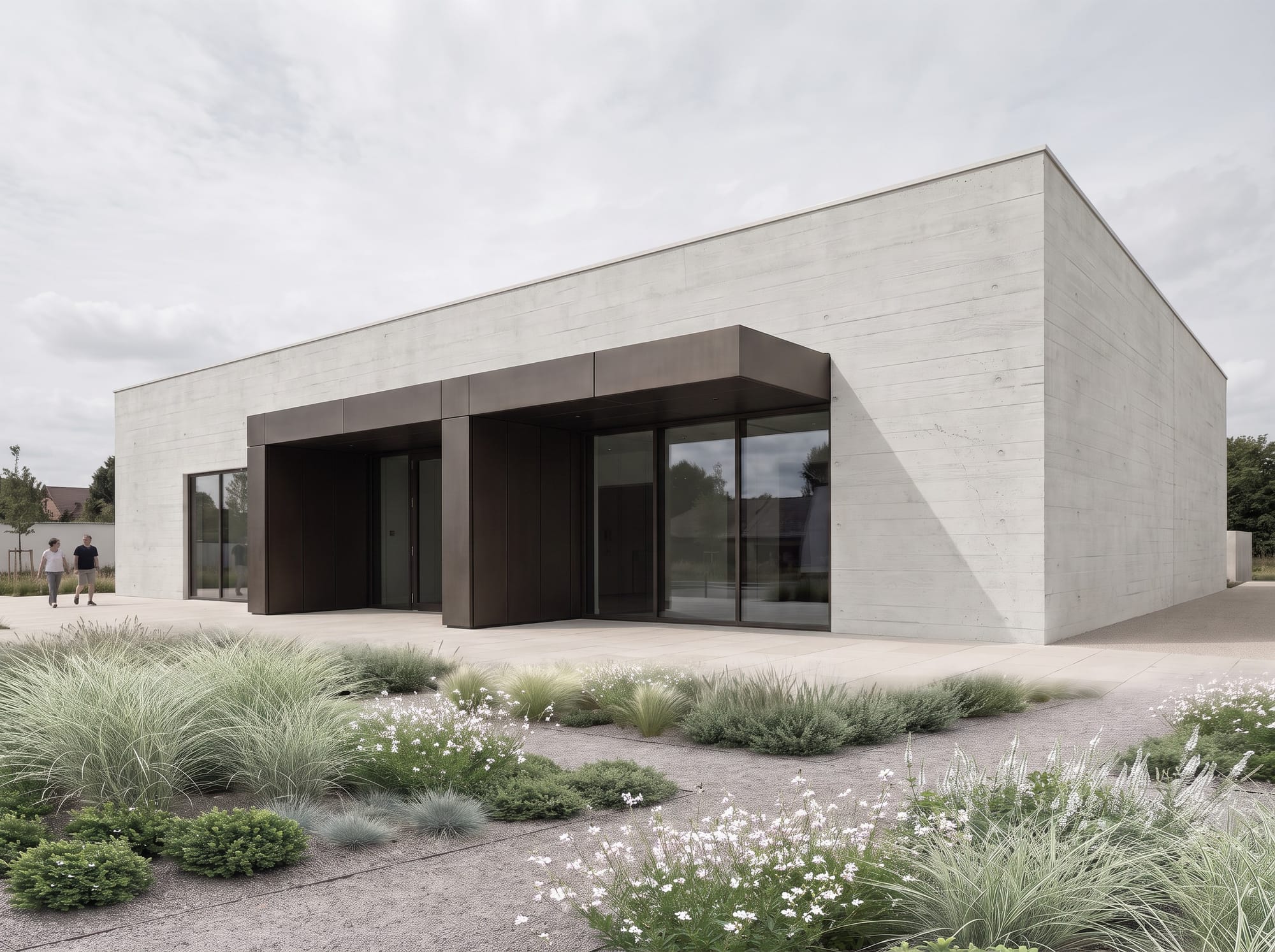 Architectural pavilion integrating concrete, lighting, and planting references while preserving base geometry.