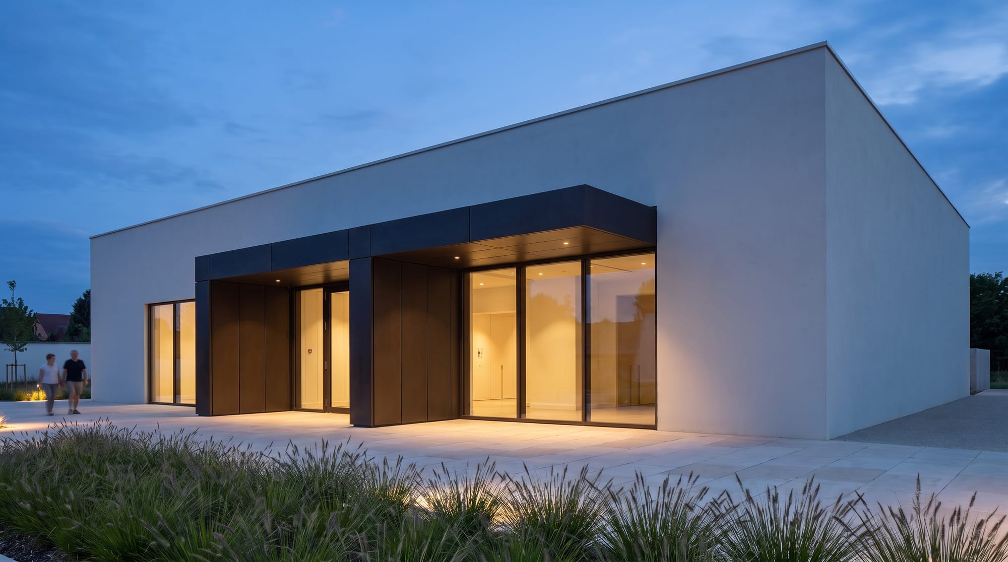 Contemporary pavilion transformed from daylight to blue hour.