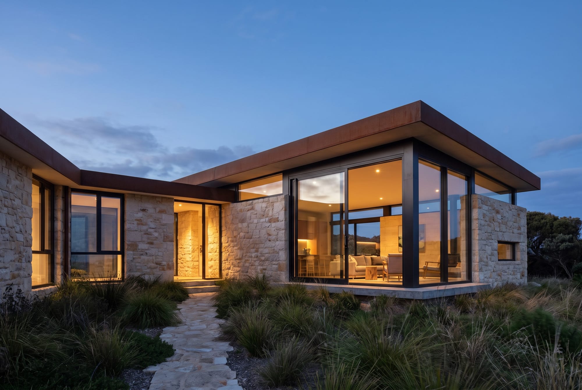 Low coastal courtyard house at dusk with limestone walls and warm interior light.