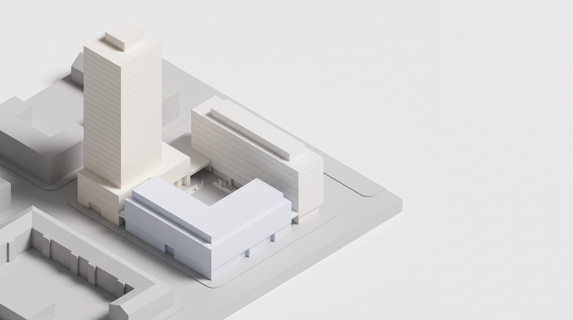 White architectural massing model of a mixed-use urban block in an elevated axonometric view.