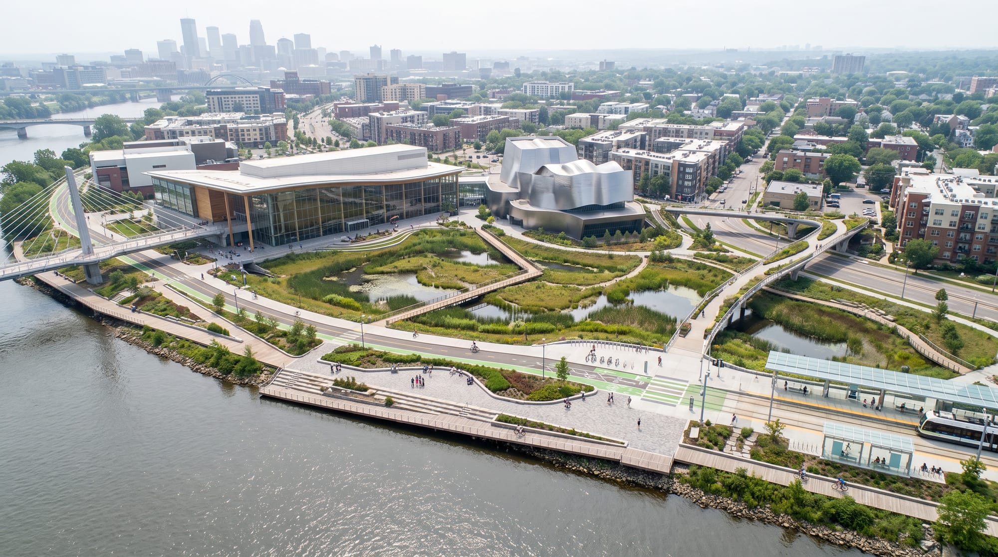 Oblique aerial view of a riverfront cultural district with wetlands, paths, transit, and public buildings.