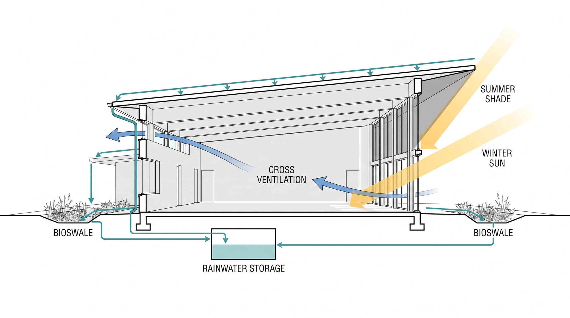 Architectural section diagram showing summer shading, winter sun, cross-ventilation, rainwater storage, and bioswales.