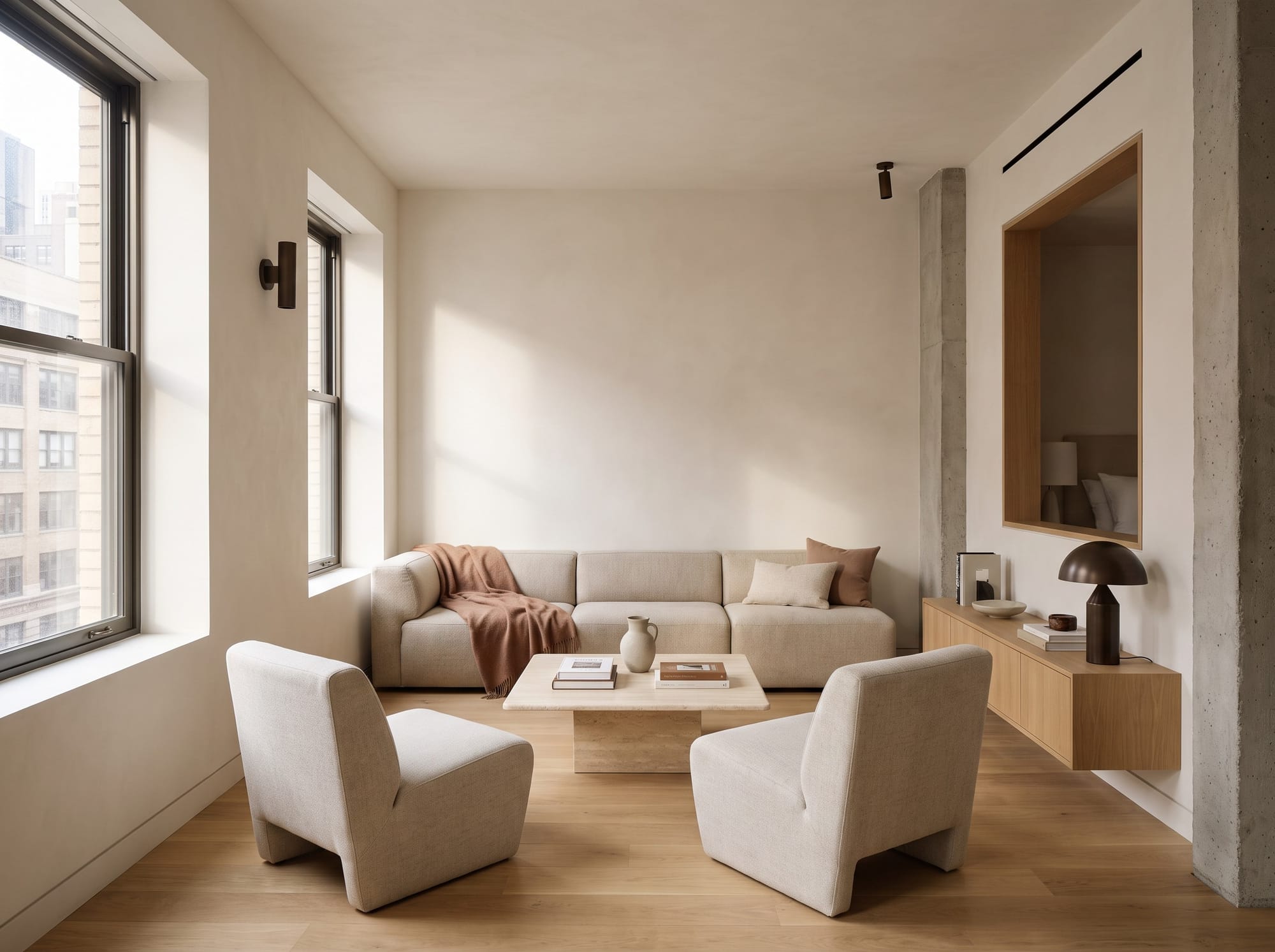 Compact urban apartment living room with lime-plaster walls, oak flooring, and restrained neutral furniture.