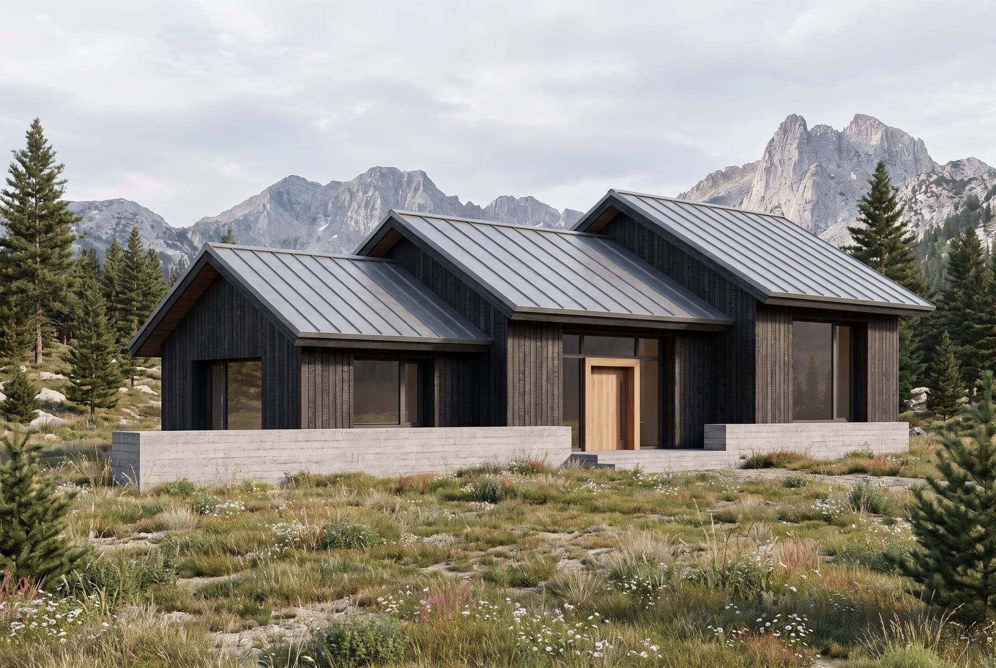 Photorealistic mountain visitor center developed from the hand-drawn sketch.