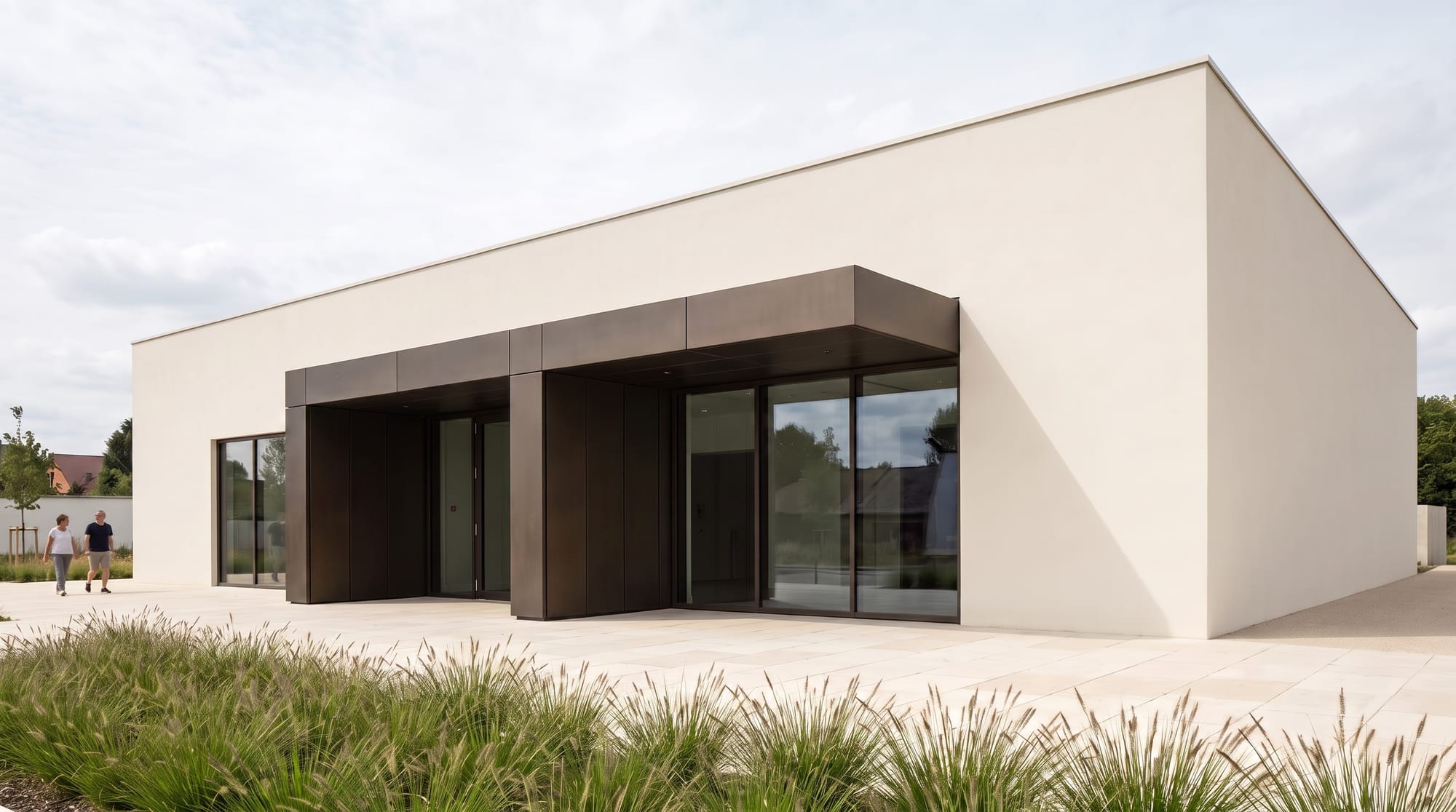 Contemporary pavilion shown from a refined lower architectural viewpoint with straight verticals.