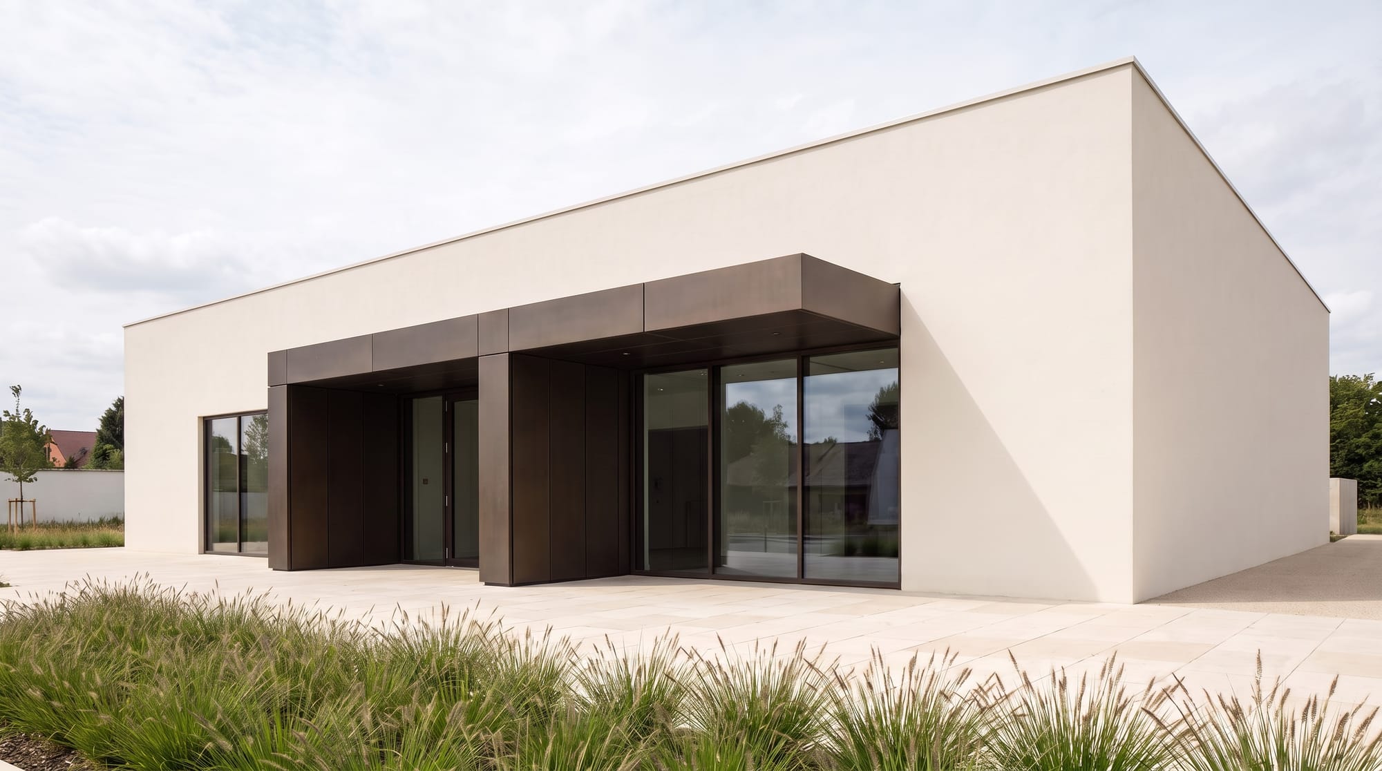 Contemporary pavilion with a calm, unobstructed entrance forecourt after removing foreground people.