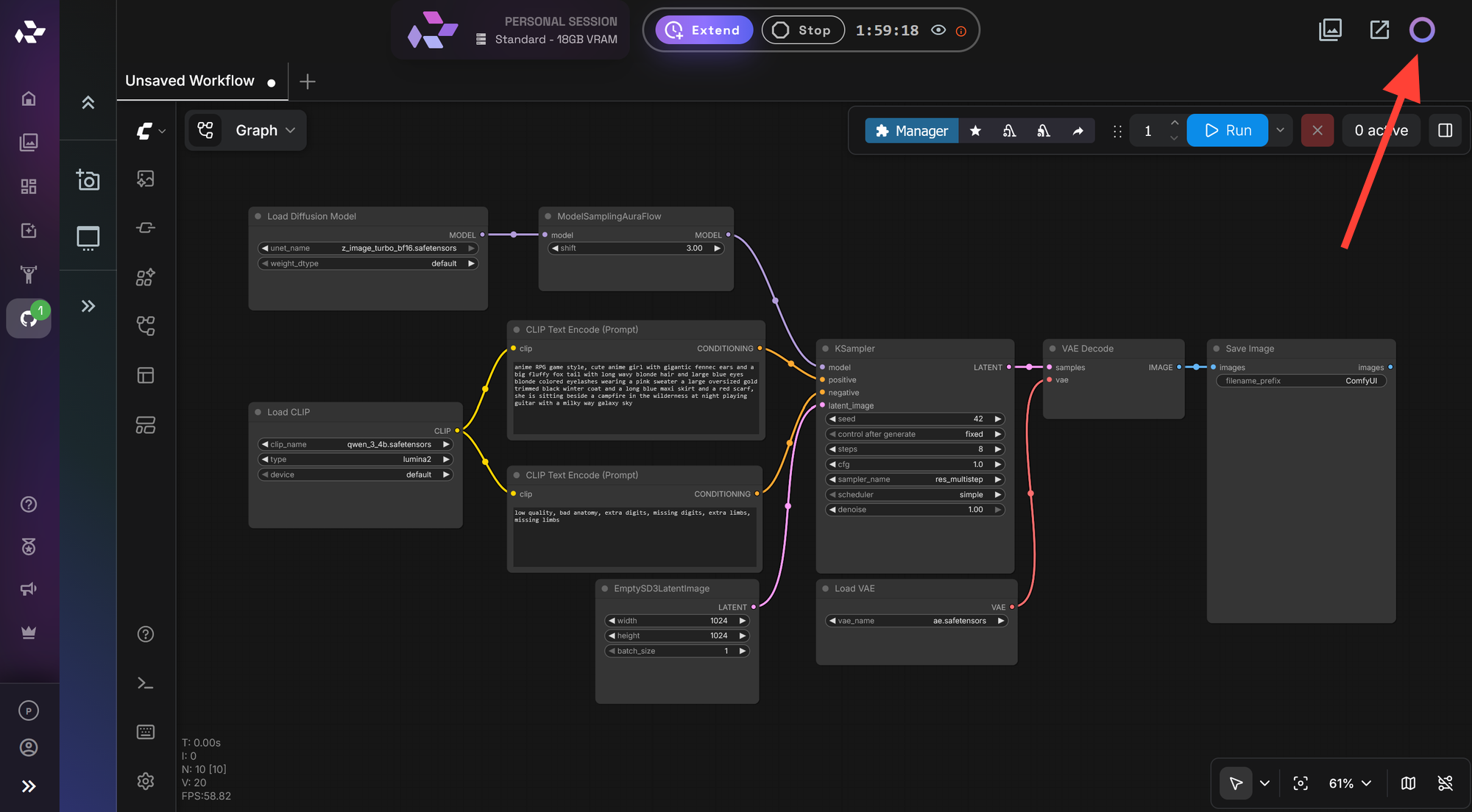 Running ComfyUI server on RunDiffusion with an arrow pointing to the API access circle in the top right.
