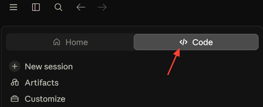 Claude Code interface with an arrow pointing to the Code workspace option.