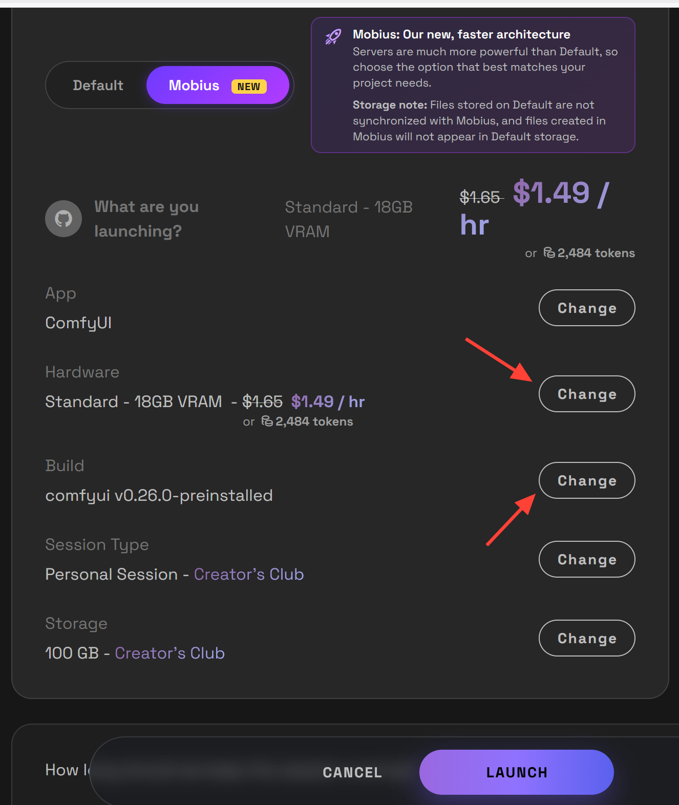 RunDiffusion ComfyUI launch settings showing hardware, build, session type, and storage options.
