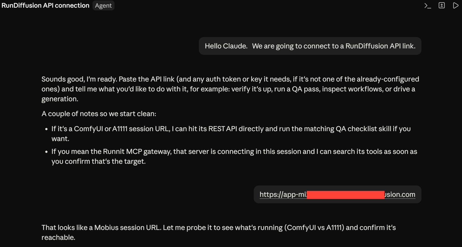 Claude conversation showing a RunDiffusion API link being pasted for an agent to connect to ComfyUI.