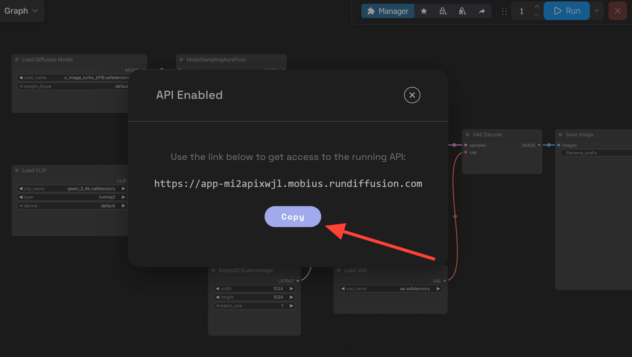 ComfyUI API Enabled popup showing the API URL and Copy button.