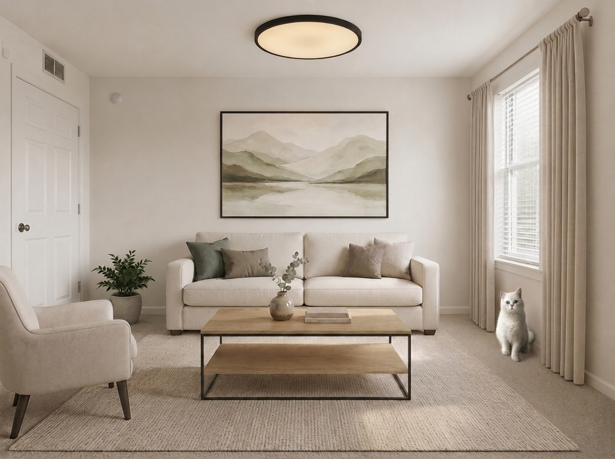 Final living room image with a realistically scaled white cat integrated beside the window curtains