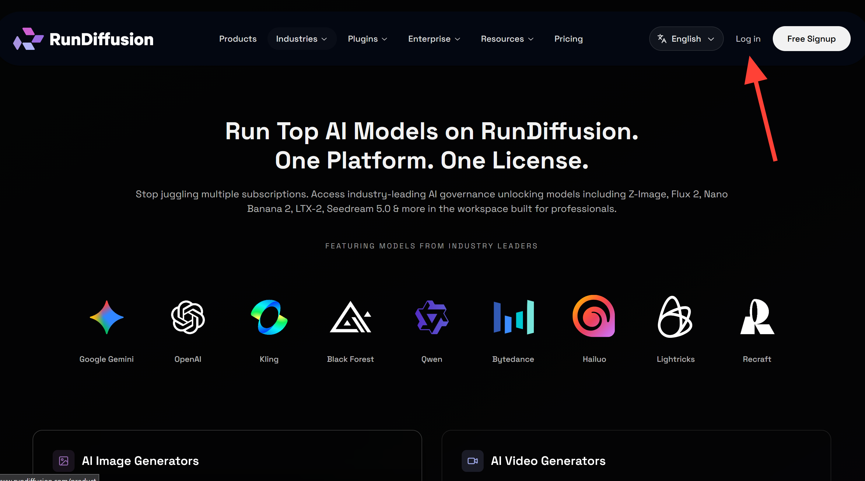 RunDiffusion homepage with an arrow pointing to the Log in link in the top navigation.