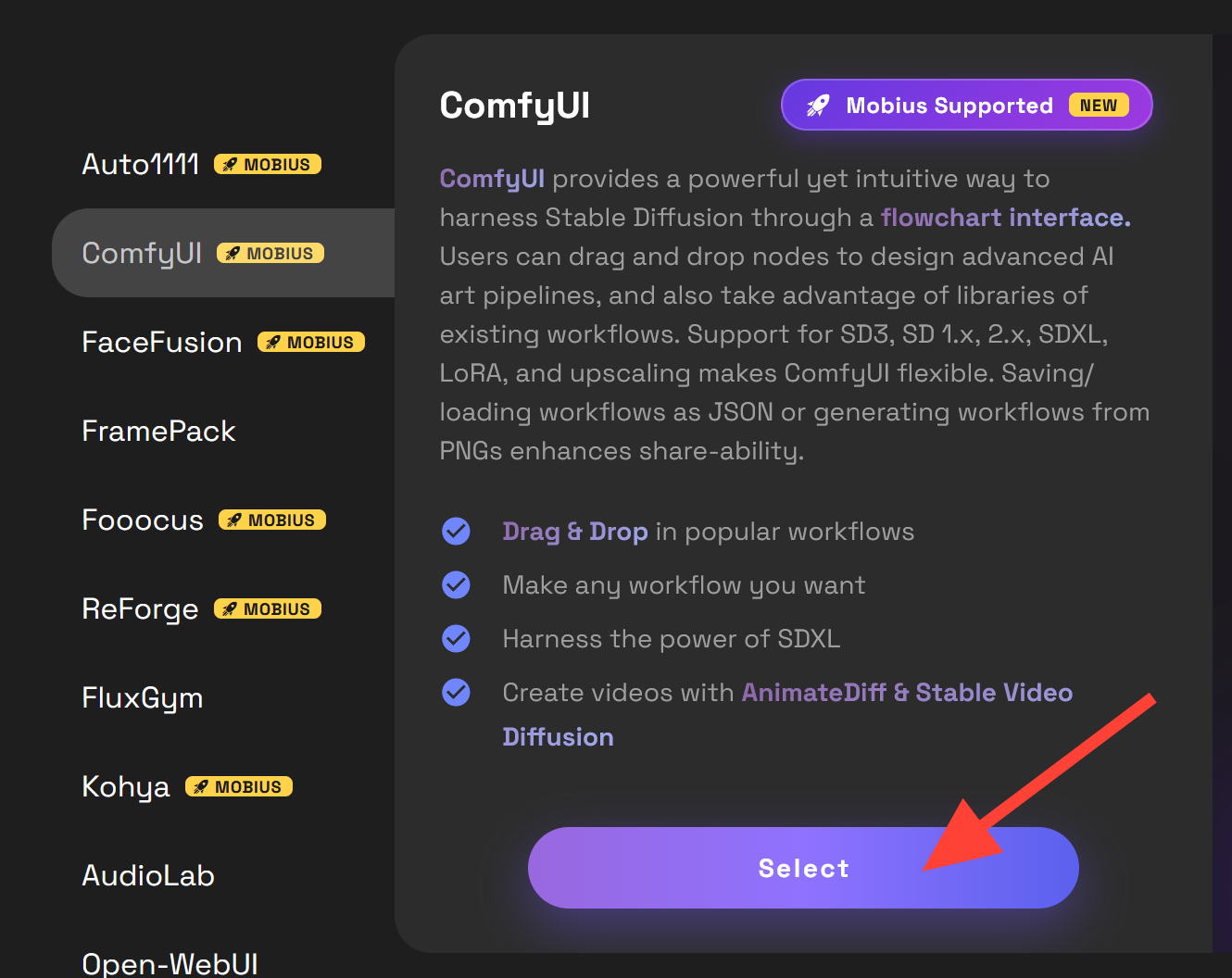 RunDiffusion Open-Source Apps screen with ComfyUI selected and an arrow pointing to the Select button.