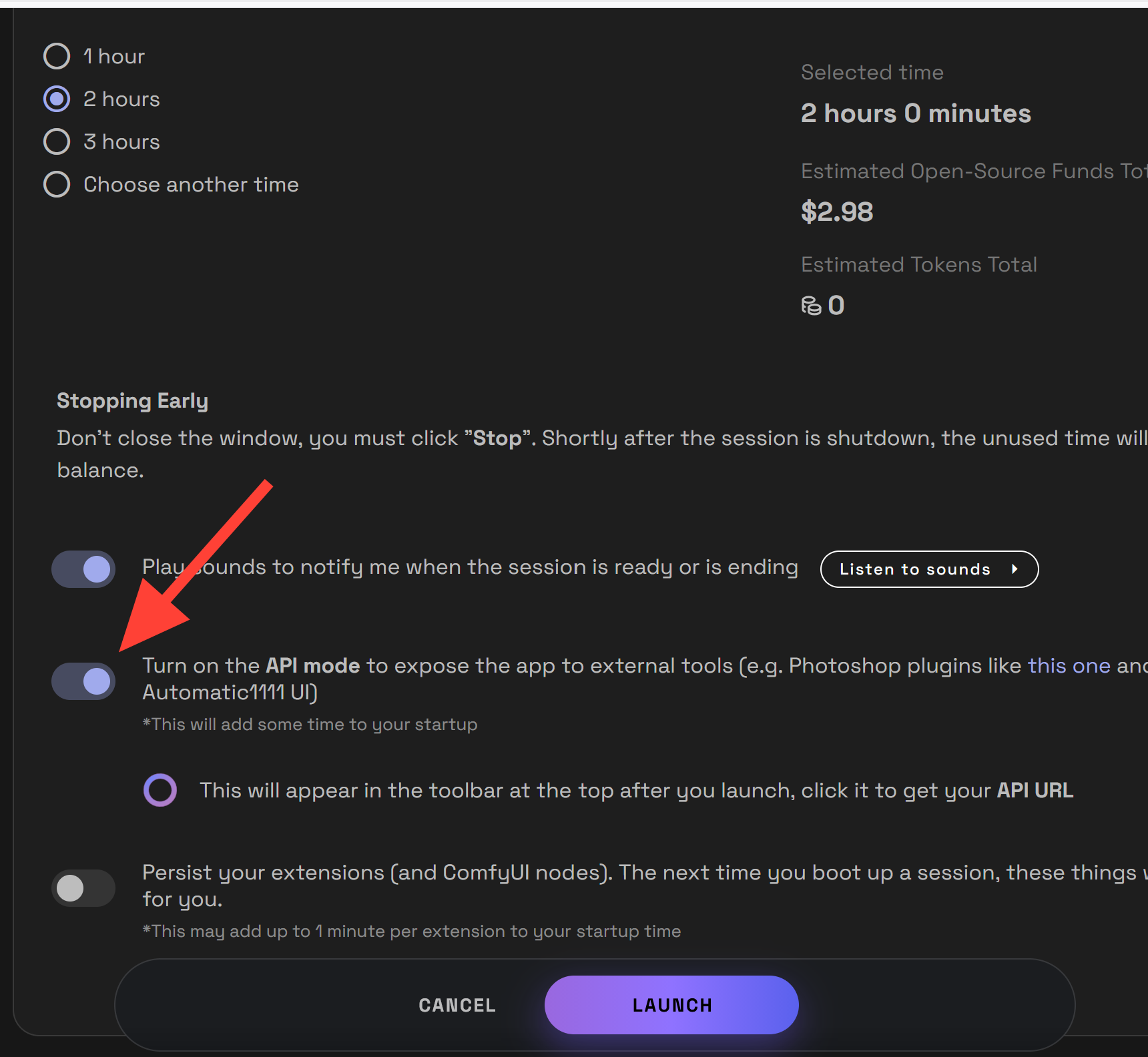 RunDiffusion launch options with an arrow pointing to the API mode toggle before launching ComfyUI.