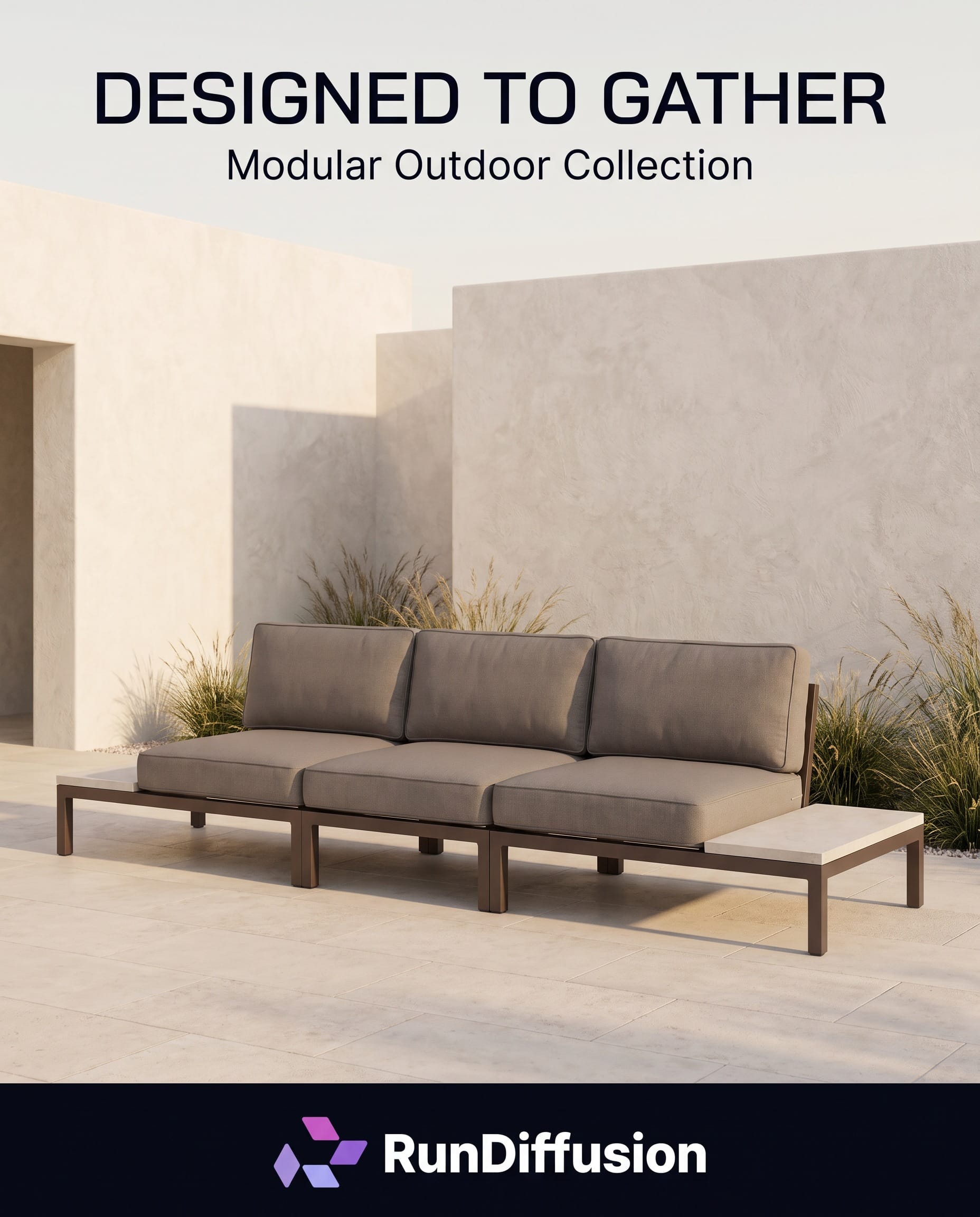 RunDiffusion advertisement for a modular outdoor seating collection with both limestone side tables, campaign copy, and logo.