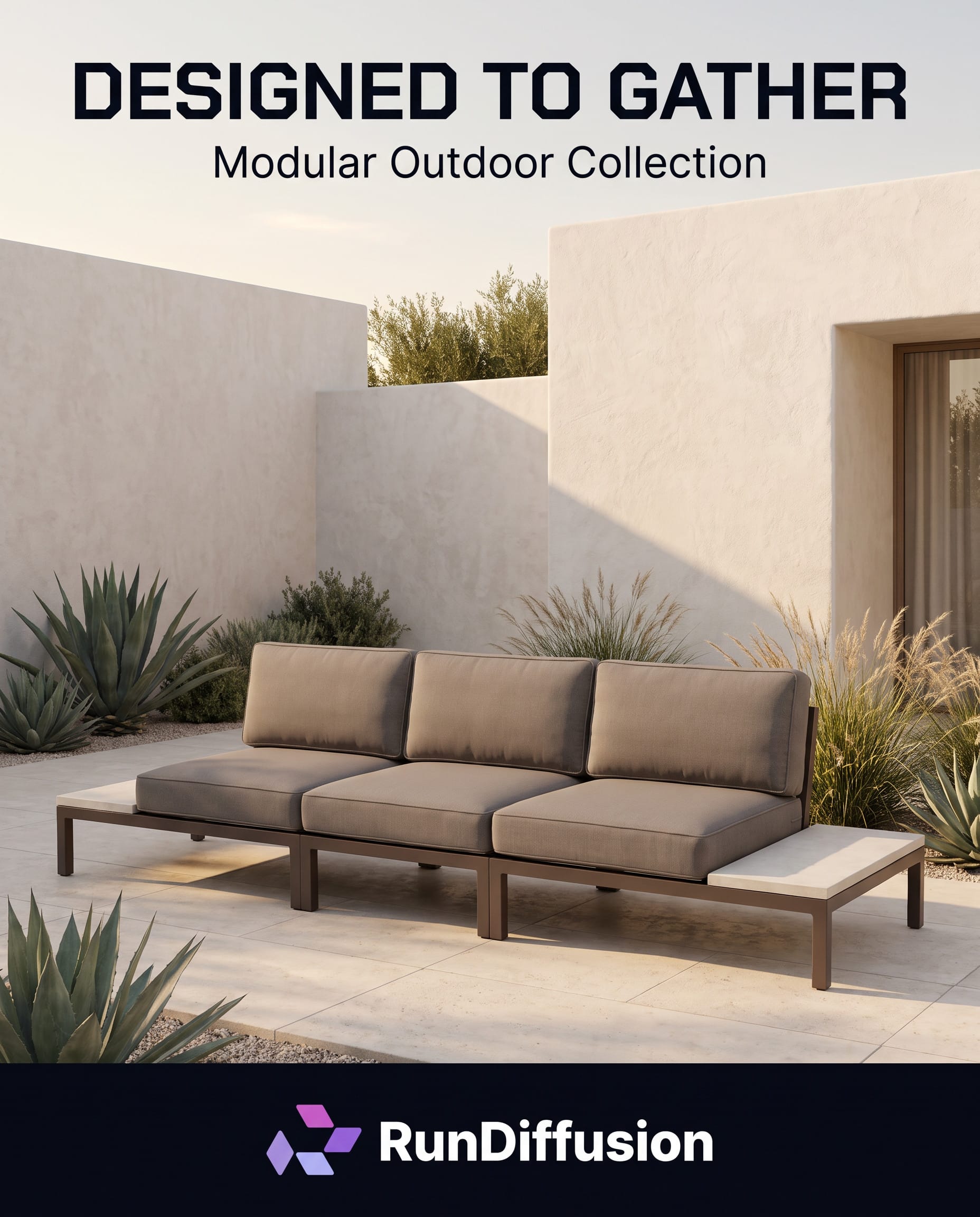 Vertical RunDiffusion advertising example for a modular outdoor seating collection with exact campaign copy and logo.