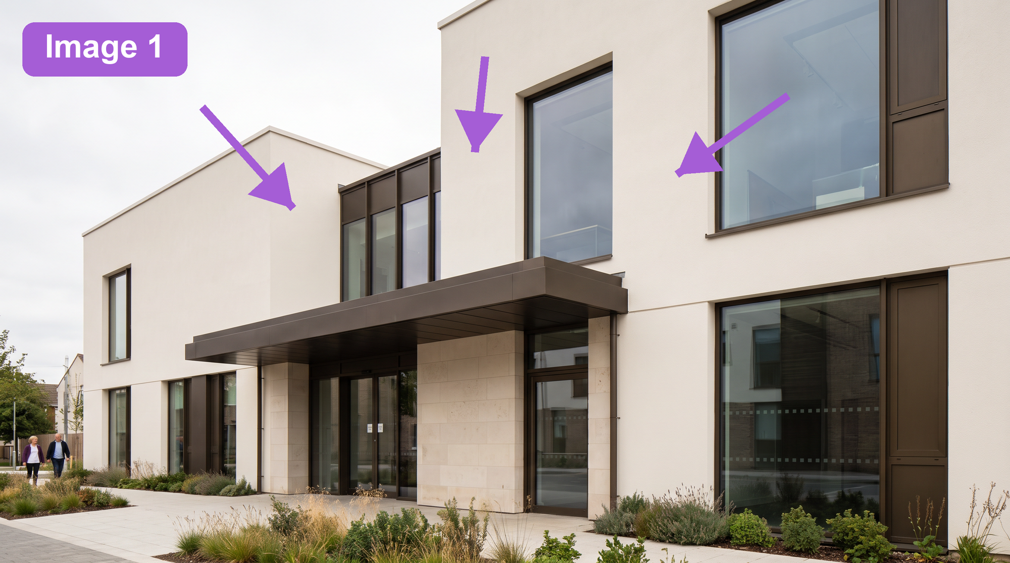 Image 1 primary architecture image with purple arrows marking the facade material zones
