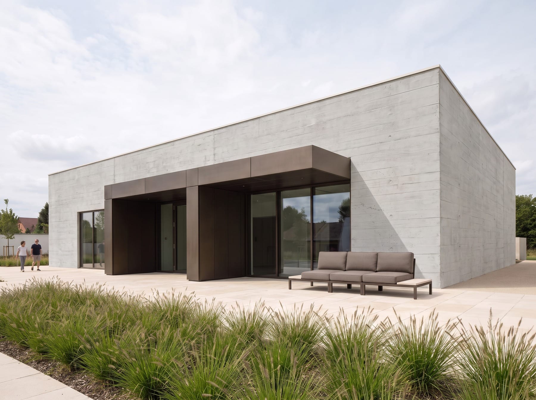 Architectural edit combining the marked concrete material and modular seating with the primary image.