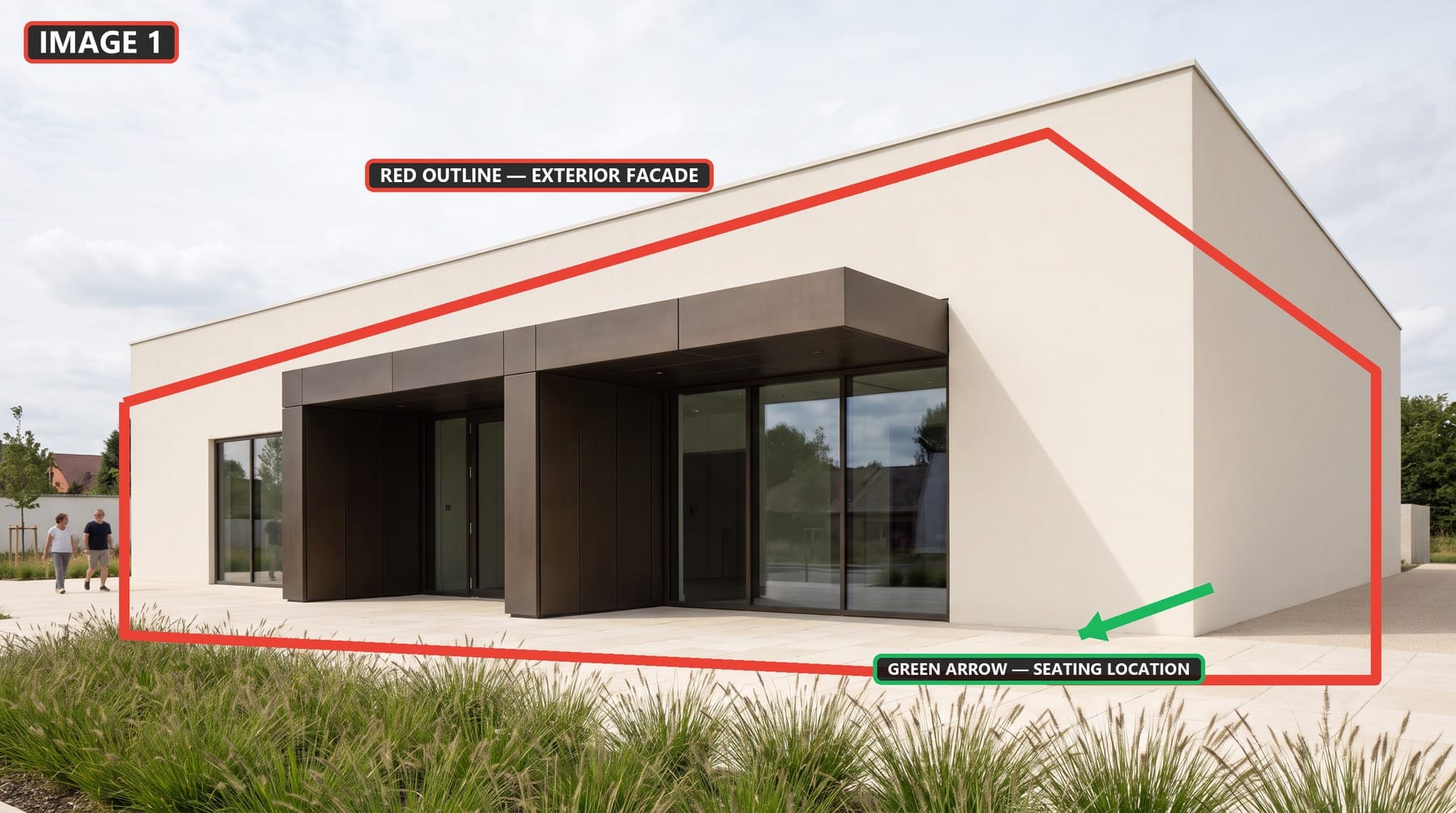 Image 1, the primary architectural image, with a red exterior-facade outline and a green seating-location arrow.